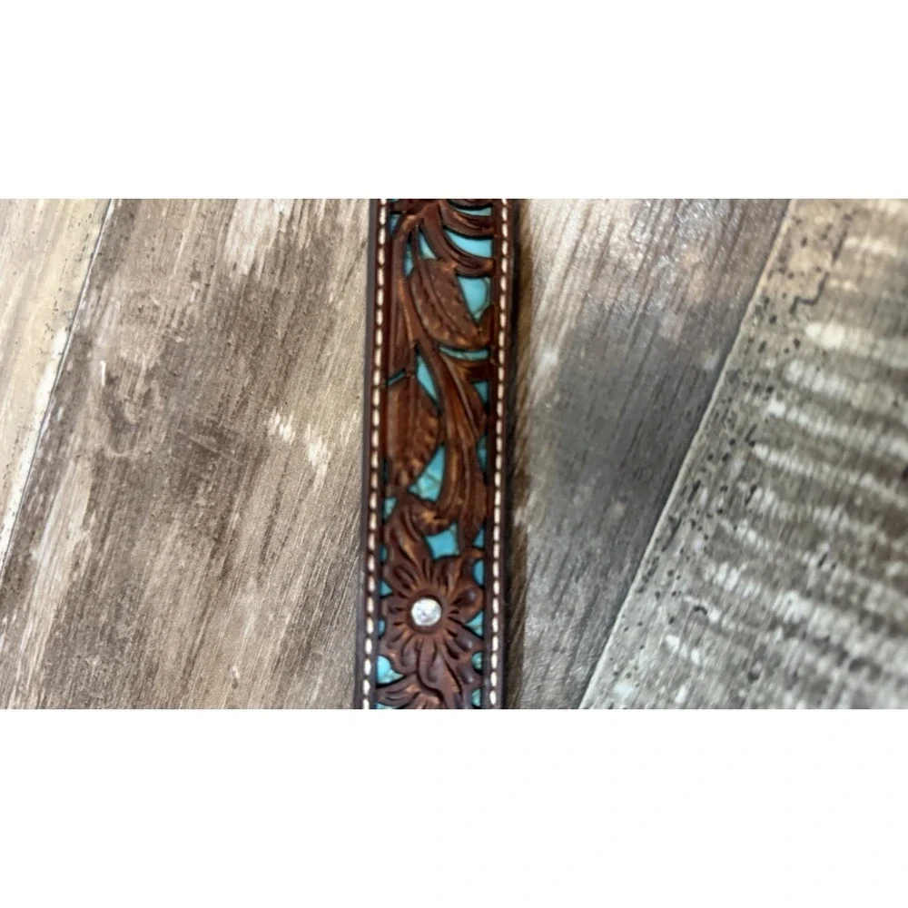 Ariat Floral Tooled Leather Belt Turquoise Inlay Rhinestone Western Women's 22